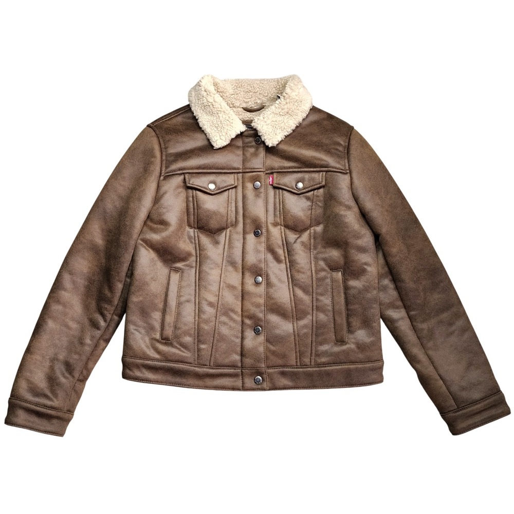 Levis Trucker Jacket Womens M Brown Faux Leather Sherpa Lined Zip Shearling